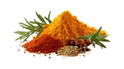A pile of spices including pepper and turmeric are on a white background