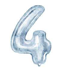 Watercolor number four with shiny silver color, hand drawn 4 balloon isolated on white.
