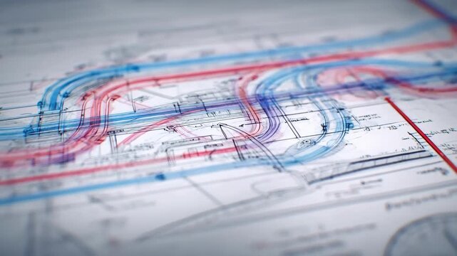 Commercial HVAC layout drafting captured in medium shot highlighting complex air distribution designs and energyefficient climate control plans.