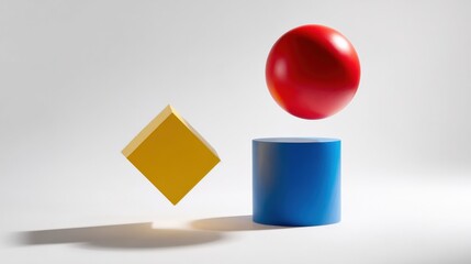 Abstract geometry: red sphere, yellow cube, blue cylinder on white background