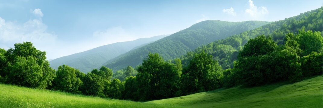 Lush green hills and forest under clear blue sky - Powered by Adobe