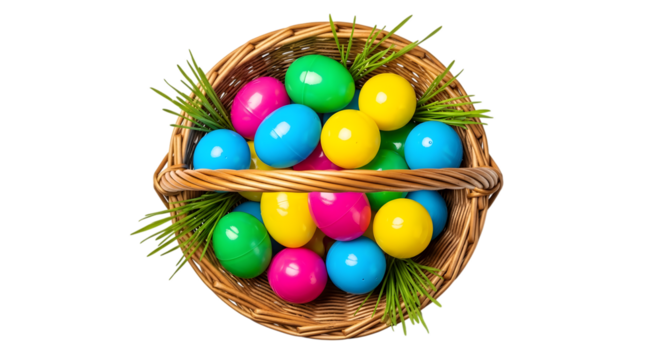 Colorful easter eggs overflowing from a woven basket isolated on transparent background - Powered by Adobe