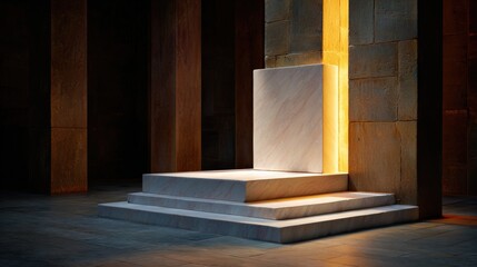 Naklejka premium Illuminated marble pedestal in ancient stone temple interior