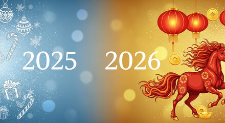 Naklejka premium Illustration split into blue and gold. Year 2025 with winter elements. Year 2026 with a red horse, lanterns and coin, representing lunar new year