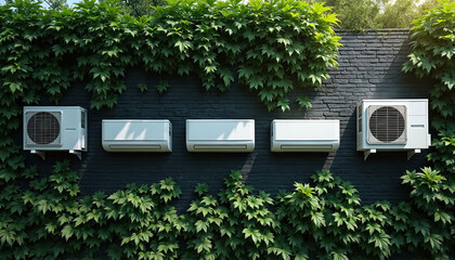 Air conditioner units mounted on black brick wall covered with green foliage. Modern HVAC system with multiple split units for cooling, ventilation. Eco friendly house exterior with plants provides