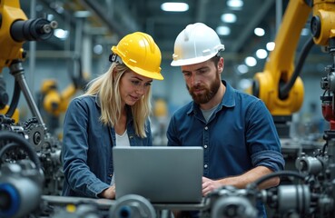 Engineers work with laptop in factory with robotic arms. Man and woman wear helmets. Two specialists control automated machinery. Industry technicians manage industrial manufacturing plant process.