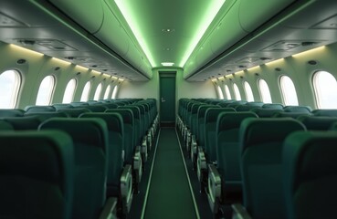 Empty airplane cabin with rows of green seats and overhead lights. Aircraft interior showing aisle and windows. Ready for passenger boarding.