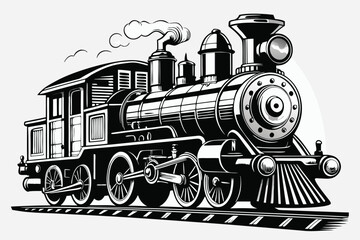 Vintage steam locomotive train black and white illustration railroad transportation retro travel journey © Creative Graphic Des