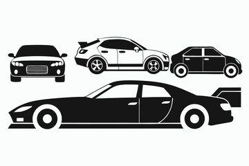 Black and white car silhouettes collection various models front side view