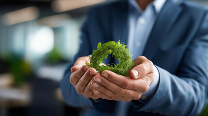 Faceless businessman hands holding infinity circular economy sustainable strategy approach waste pollution elimination future business growth renewable material resources