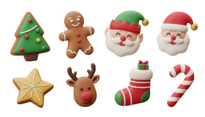 Fototapeta premium Collection of 3D Christmas icons including Santa Claus, elf, reindeer, gingerbread man, tree, and stocking. Festive holiday elements for decoration, isolated on a transparent background.