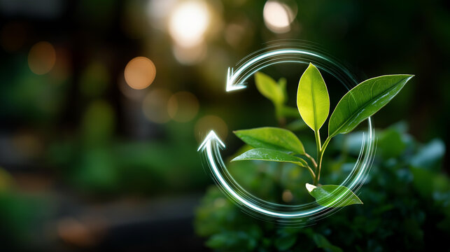 Circular economy icon on nature background display future business growth concept reuse renewable material resources environment sustainable design eco friendly development - Powered by Adobe