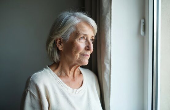 Thoughtful senior woman with grey hair looks out window at home. Pensive older lady feels sad, lonely. Melancholic retired female reflects on life, memories, future. Portrait of lonely grandmother - Powered by Adobe