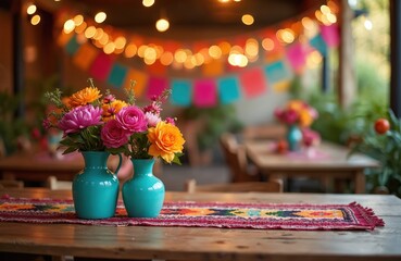 Brightly colored floral arrangement on a festive table. Table runner and papel picado decor add a joyful atmosphere. Suitable for Cinco de Mayo or general Mexican celebration themes.