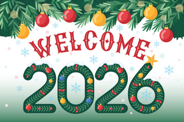 Happy New Year 2026 Festive Illustration with Christmas Garland and Ornaments
