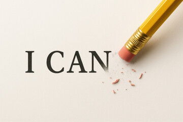 The eraser erases the word NOT, turning the phrase into I CAN.