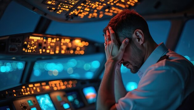Pilot sits in plane cockpit looking stressed. Pilot holds head in hands, feeling worried or tired. Aircraft control panel lights glow around him. Night flight or hard workday.