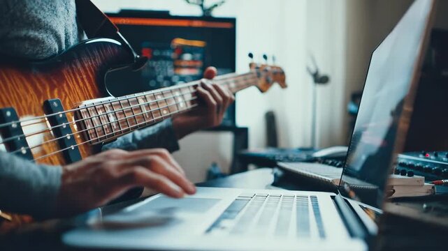 Musician using a laptop to create smart contracts for music licensing emphasizing automated royalty distribution and fair use.