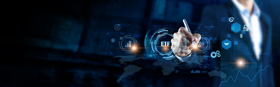 Global ETF structure of network. Analyzing businessman tracking funds on digital interface, market trends, portfolio insights, investment data, financial analysis.