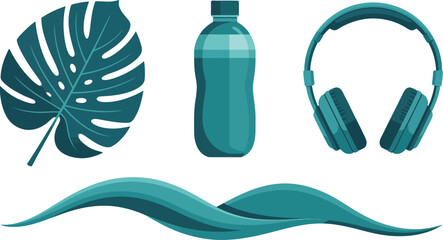Tropical monstera leaf water bottle headphones and wave elements for summer fitness and relaxation designs