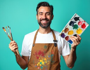 Smiling male artist holding paintbrushes palette. Man wearing paint splattered apron. Creative professional painter with tools in studio. Art concept related to passion and creative hobby.