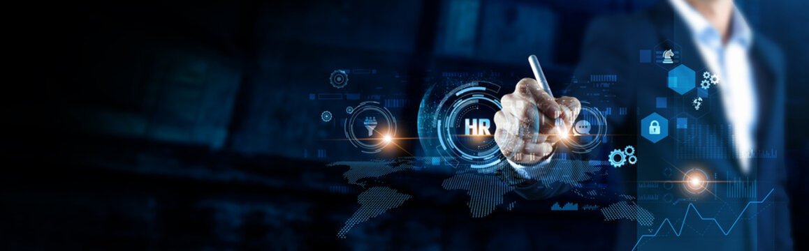 Global HR structure of network. Analyzing businessman evaluating talent data on digital interface, recruitment, employee insights, performance, management.