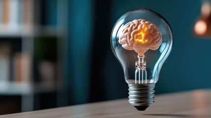 Human brain enclosed within a light bulb, symbolizing the origin of innovative ideas, a bright mind generating solutions, and the power of human intellect for creating new developments