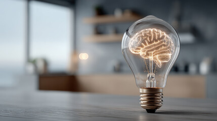 Lightbulb enclosing a shining human brain, representing intelligence, inspiring ideas, thoughtful solutions, and the genesis of imagination in an office environment