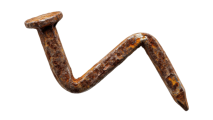 Close-up of a rusty, bent nail, showing its aged, weathered, and damaged condition against a white background.