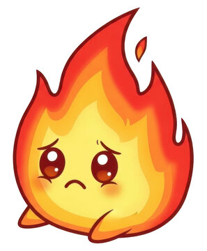 A cute, cartoonish, sad-faced flame character with a bright orange and yellow color scheme.