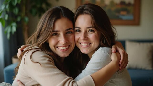 Two women embracing affectionately in a cozy living room, conveying a sense of friendship and comfort..