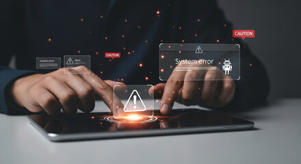 Advanced digital tablet system error alert interface showing futuristic warning signals and cybersecurity caution icons during critical technology malfunction detection.
