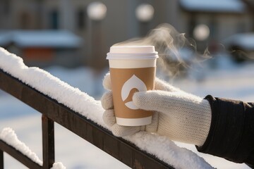 A person holds a steaming cup of coffee with gloves on a snowy railing. The background shows an urban setting with a cold winter atmosphere.
