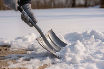 Person shoveling snow from ground during winter afternoon in a snowy landscape