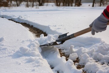 A person uses a shovel to remove snow from the ground in a winter setting. The day is bright and cold, with snow covering the area. Trees are visible in the background.