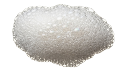 Close-up view of a large, irregular cluster of white soap bubbles, isolated on white.