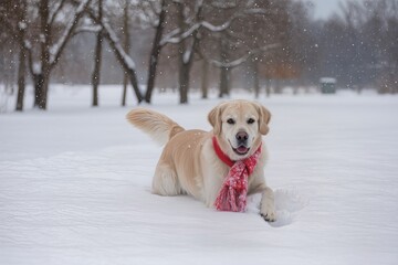 A golden retriever stands in deep snow wearing a red scarf. Snow falls gently in a park with trees in the background on a winter day.