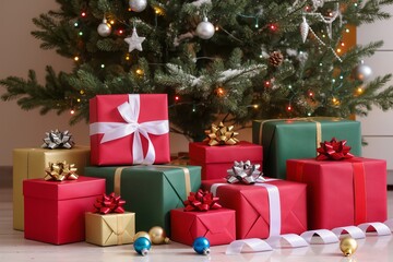 Wrapped presents in red, green, and gold are arranged at the base of a Christmas tree. Colorful lights and ornaments are visible, creating a festive atmosphere in the room.