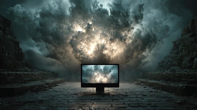 Lonely computer monitor screen standing in dark ancient ruins with apocalypse storm clouds on display surreal dystopian sci fi horror movie background