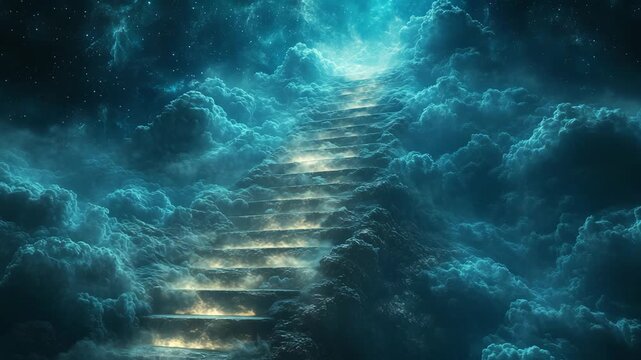 Glowing stone stairs leading to heaven light in blue clouds for religious church service memorial video funeral background and fantasy dream sequence mystery intro