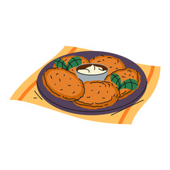 Hash brown or fried potato pancake. Vector meal or Ukrainian dish. Breakfast or brunch, dinner nutrient. Culinary crispy snack. Rustic homemade cuisine or oily crunchy food. Gastronomy or cooking sign