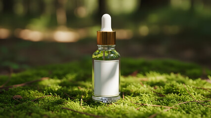 Close-up of a natural cosmetic serum dropper bottle with a gold cap on vibrant green moss in a sunlit forest, conveying organic beauty, sustainable skincare, and wellness
