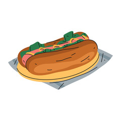 American hot dog. Vector fast food with sausage or frankfurter in bun or bread. Wiener with ketchup and mustard. Street or quick, junk nutrition sign. Dish or meal for festival or baseball. Lunch.