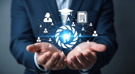 Innovative digital learning network concept showcasing connected education, skills development, certification icons and human collaboration within modern technology systems.