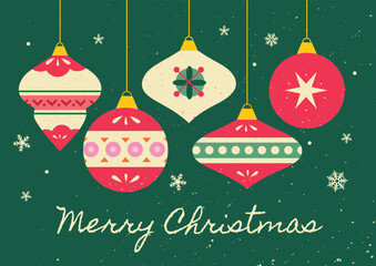 Retro Merry Christmas Greeting Card with Hanging Ornaments