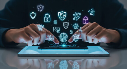 High-tech biometric security interface with glowing fingerprint scan and multiple cyber protection icons above smartphone on illuminated tablet surface.