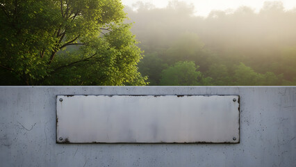 Weathered blank metal sign board on a textured concrete wall, ready for custom message or branding, illuminated by soft natural light and framed by lush green foliage in the background