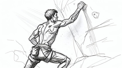 Dynamic figure drawing of a climber reaching for a hold, muscles tense, chalk dust in air, sketchy lines, sense of effort