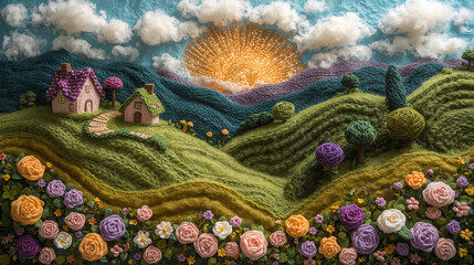 Knitted landscape of a green flowering meadow