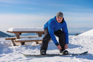 Snowboarder prepares on a snowy slope at a mountain resort during a sunny day in winter